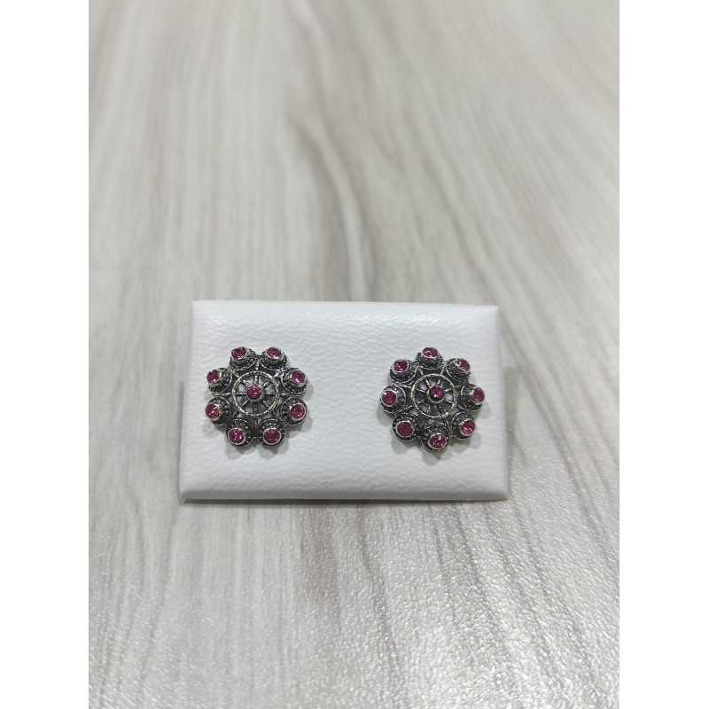 Pendientes Charro Plata Piedra Rosa S1734-R | 47,18 € | Joyería Flores - Botón Charro