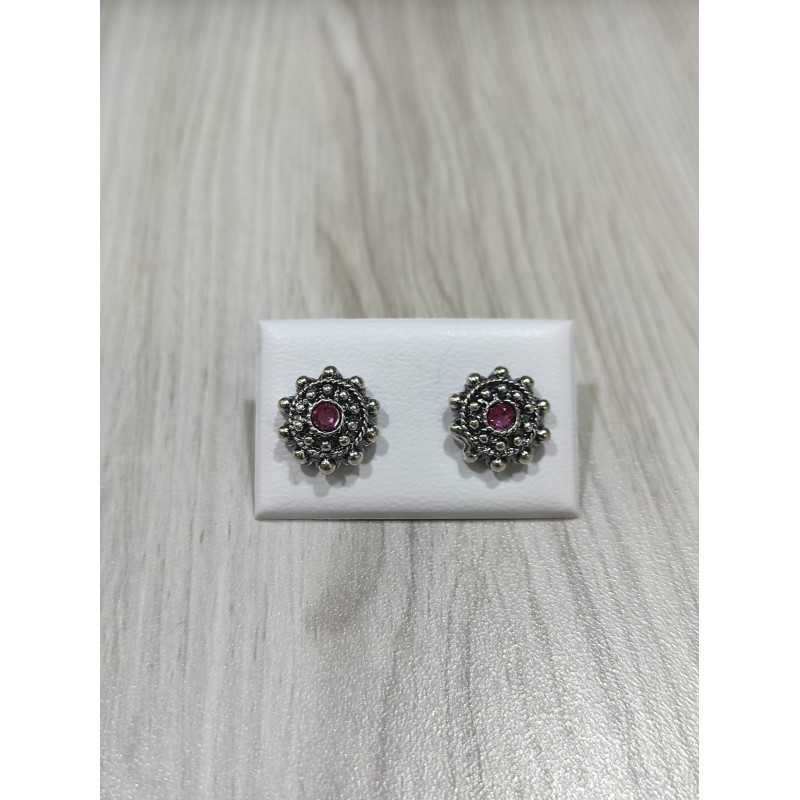 Pendientes Charro Plata Piedra Rosa 005B-RO | 28,28 € | Joyería Flores - Botón Charro